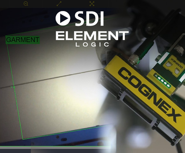 The SDI logo is shown above a Cognex machine vision system identifies and classifies items on a belt by garment and other categories shown on a screen.